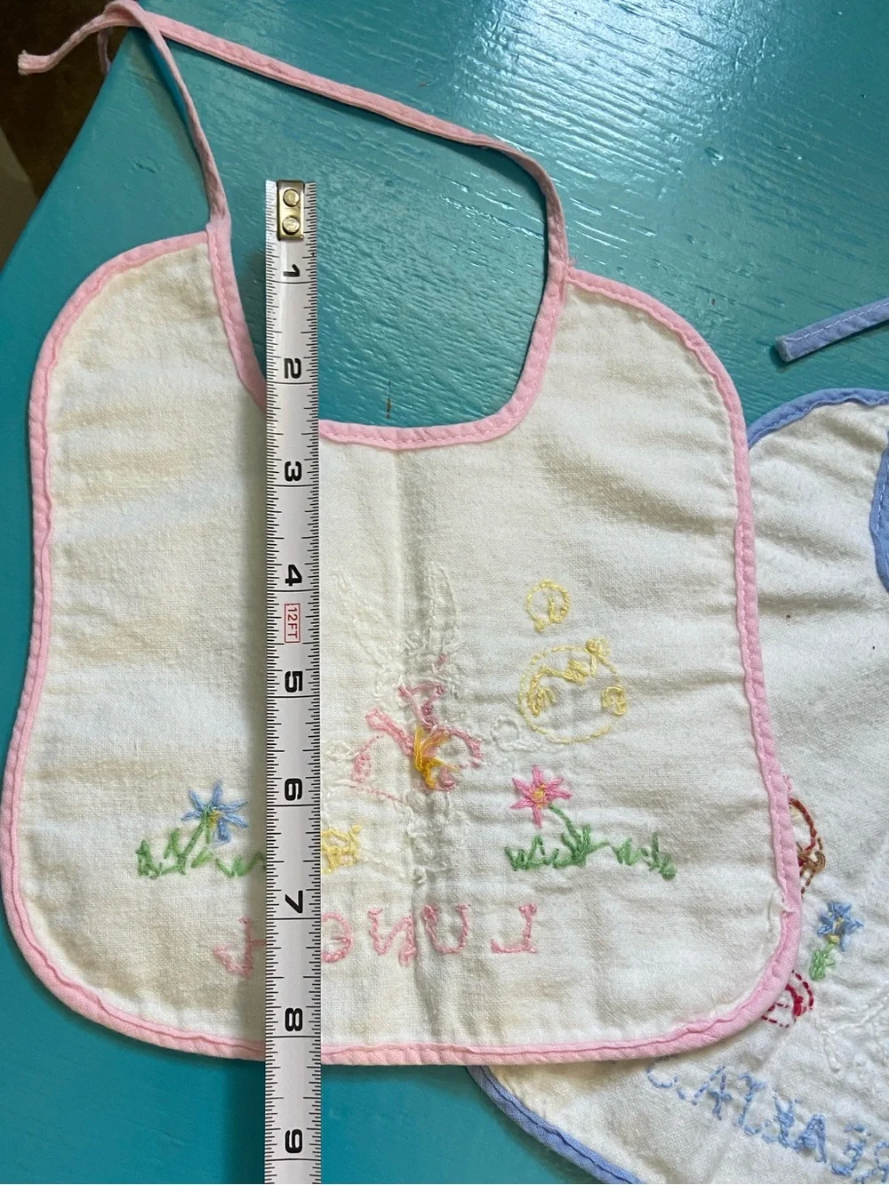 Embroidered Baby Bibs Vintage in Pink & Blue Trim with Bunny and Kitty and Puppy